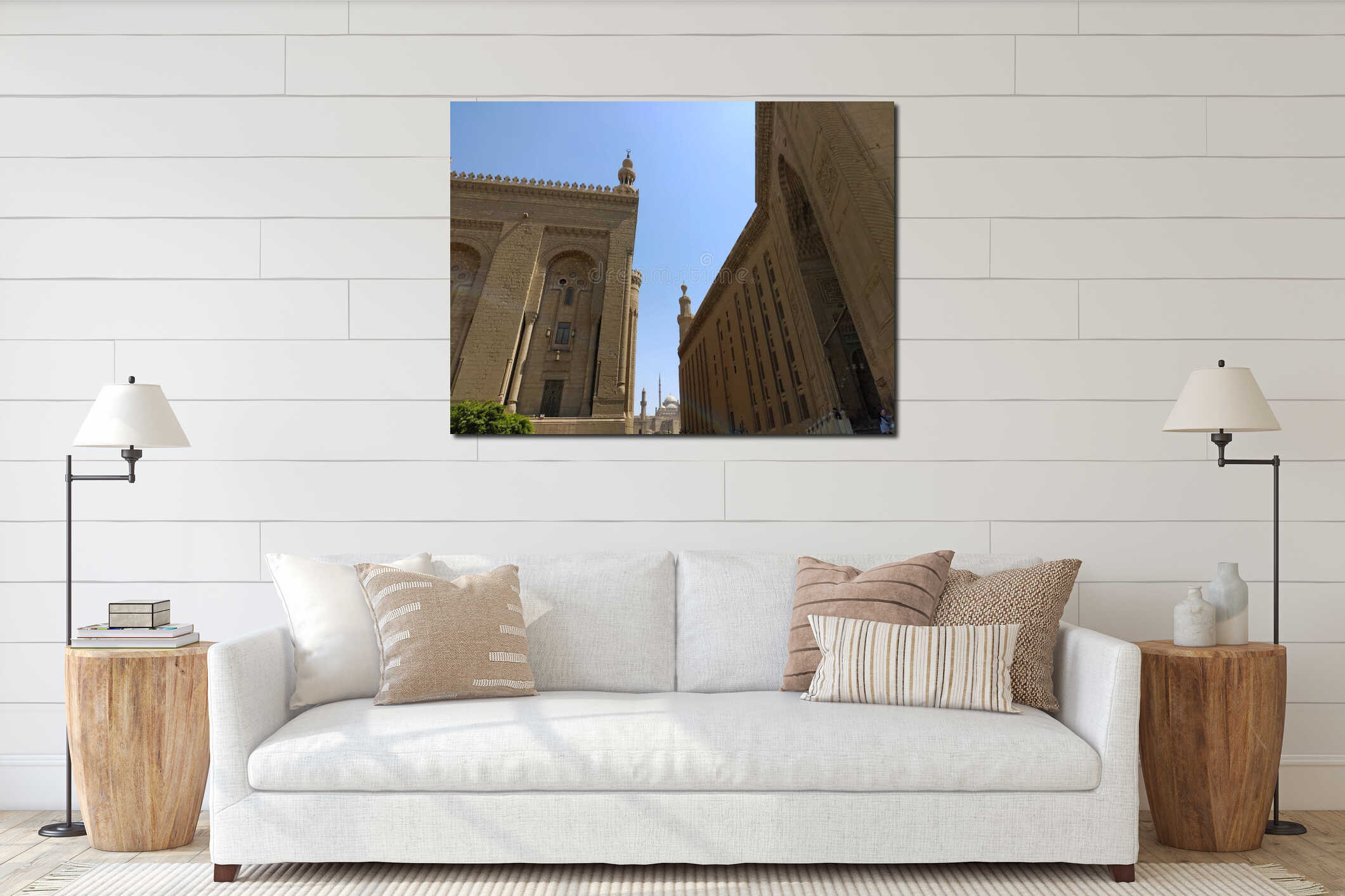 Exterior low angle shot of minaret Al Rifai and Sultan Hassan mosque interior mockup