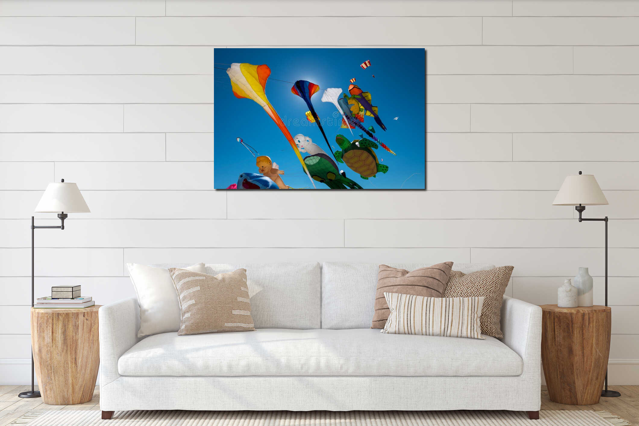 Clear blue sky filled with  kites interior mockup