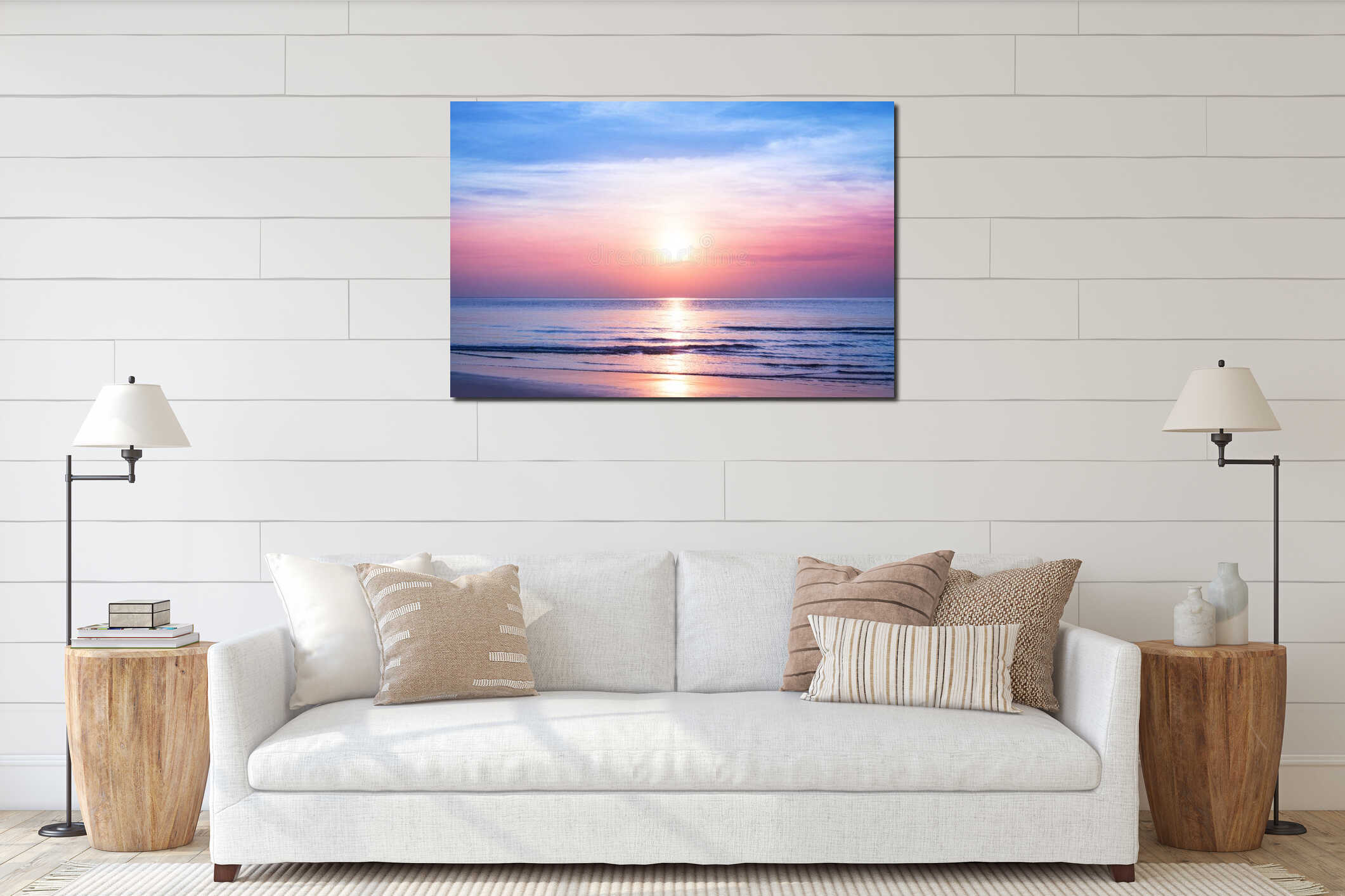 Beautiful morning sunrise, blue sea, pink sky, white clouds, yellow sun glow, golden reflection on water, peaceful landscape interior mockup