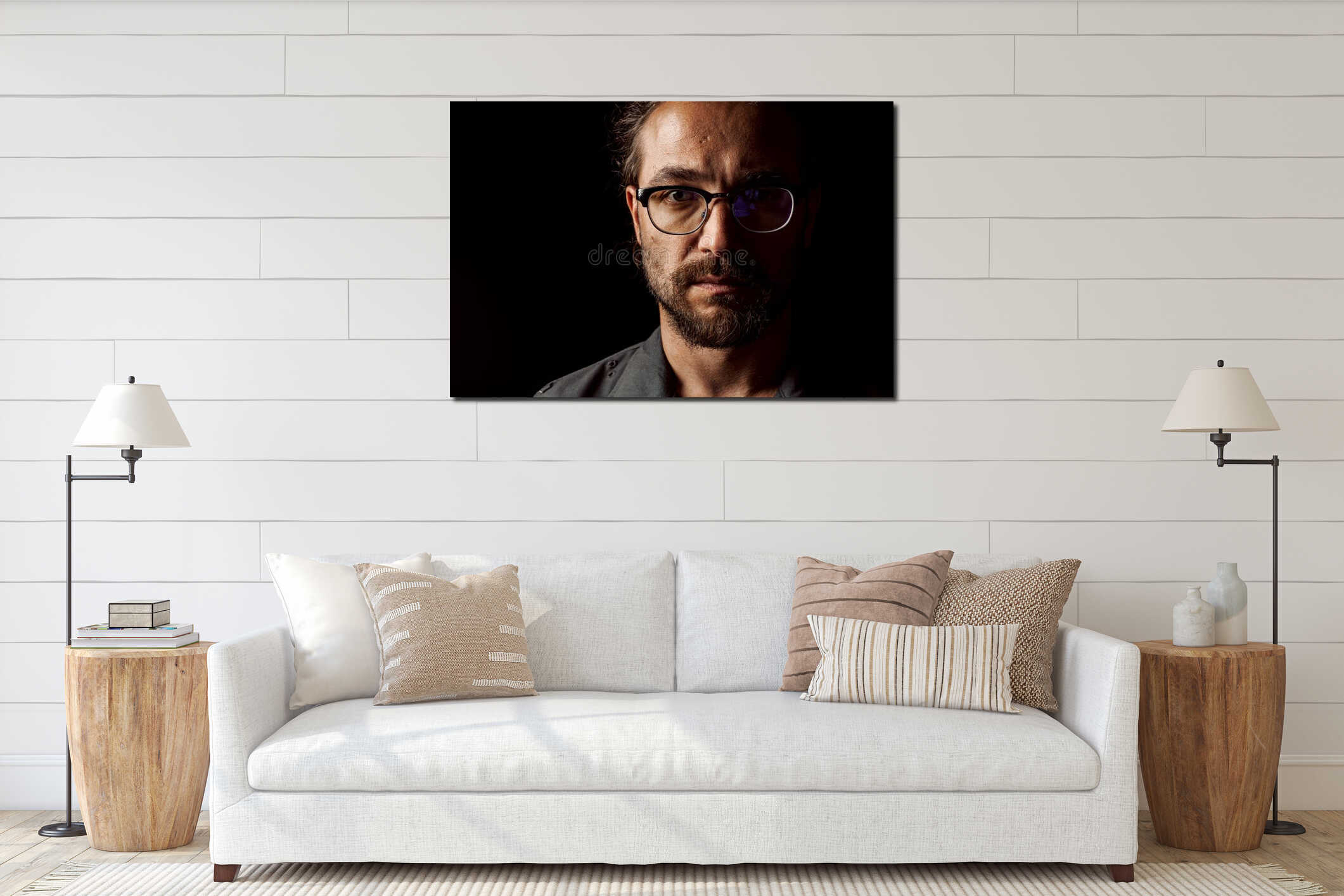 Dark studio portrait of a middle-aged man with beard in glasses interior mockup