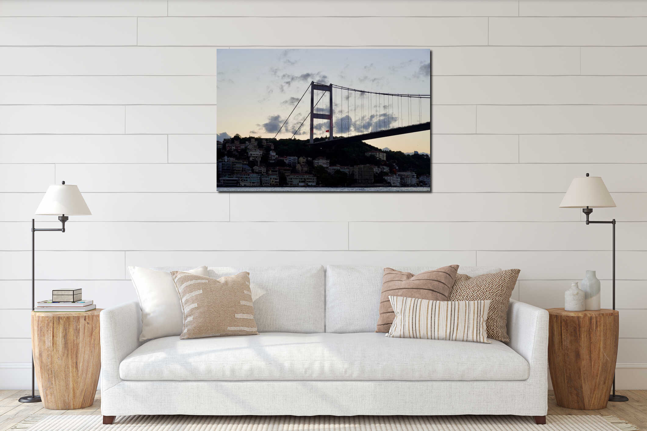 Panoramic photo of the Istanbul Bosphorus. The landscape of Istanbul is a beautiful sunset with clouds. Silhouette interior mockup