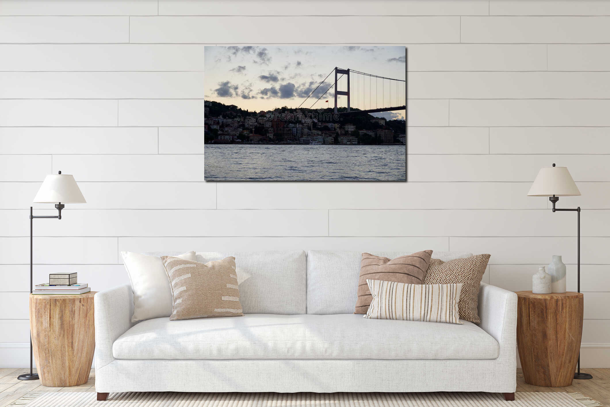 Panoramic photo of the Istanbul Bosphorus. The landscape of Istanbul is a beautiful sunset with clouds. Silhouette interior mockup
