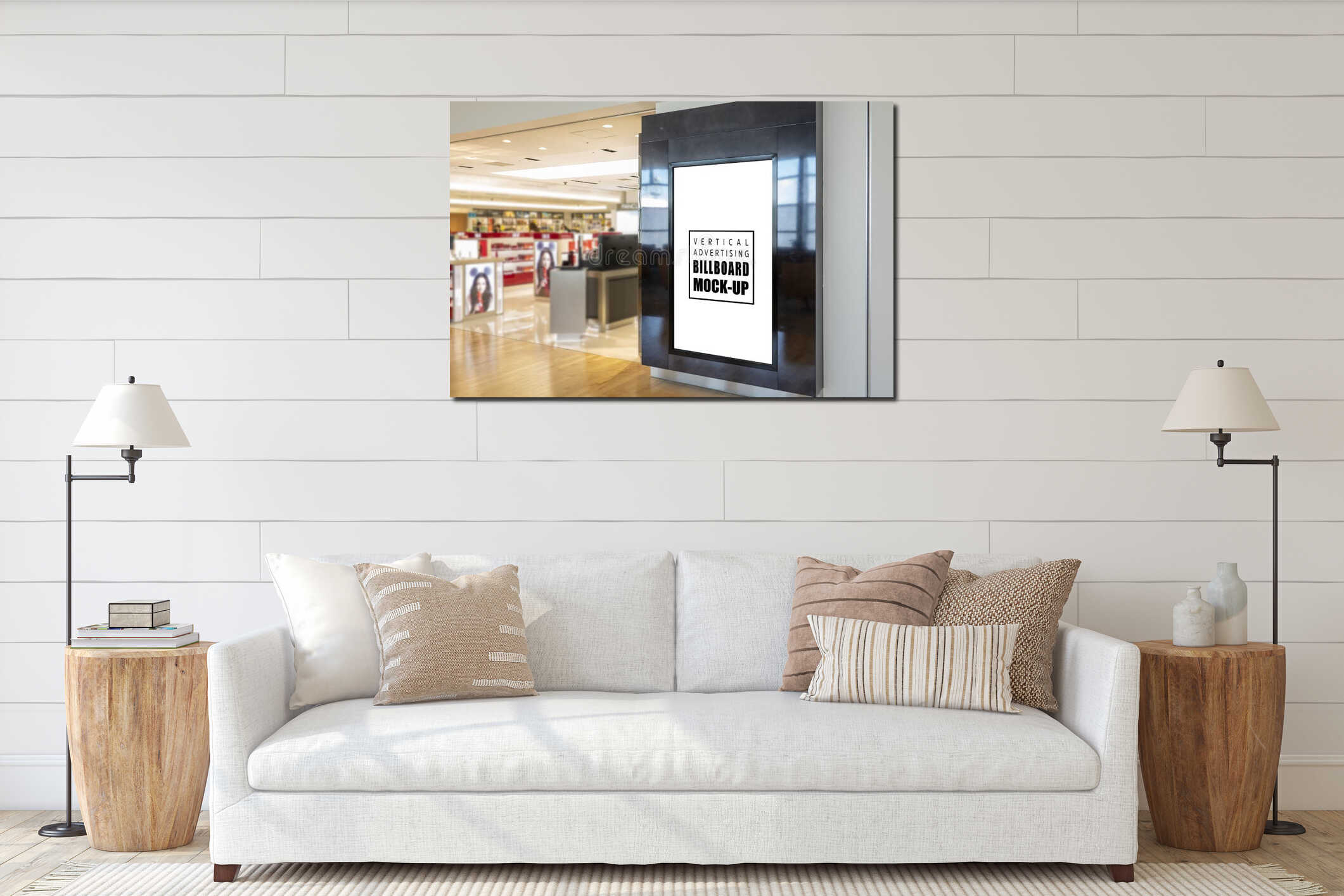 Mock up blank vertical signboard on metallic wall of store interior mockup