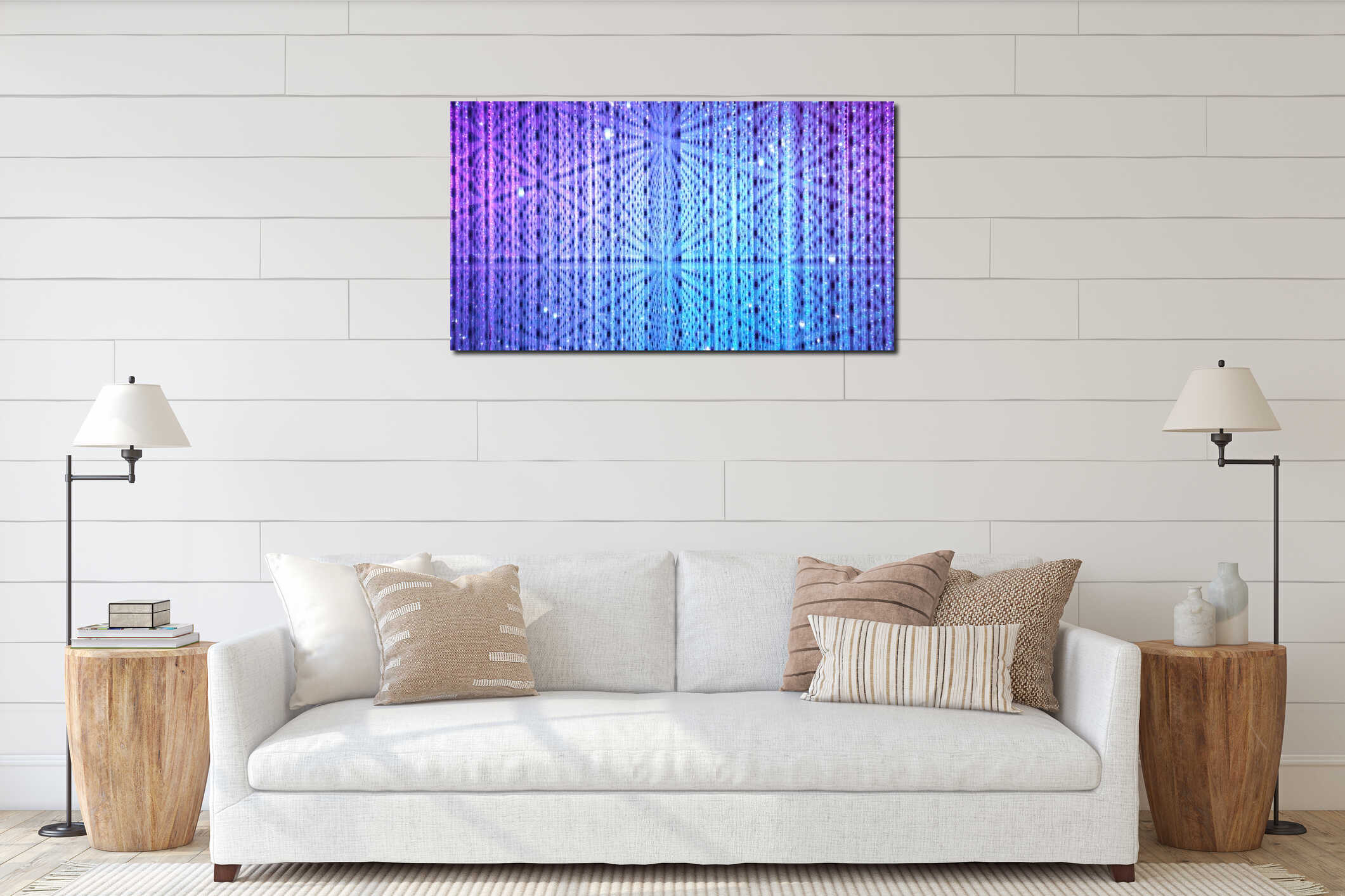Blue and purple background of spot LED flashing, blinking and flickering bulbs interior mockup