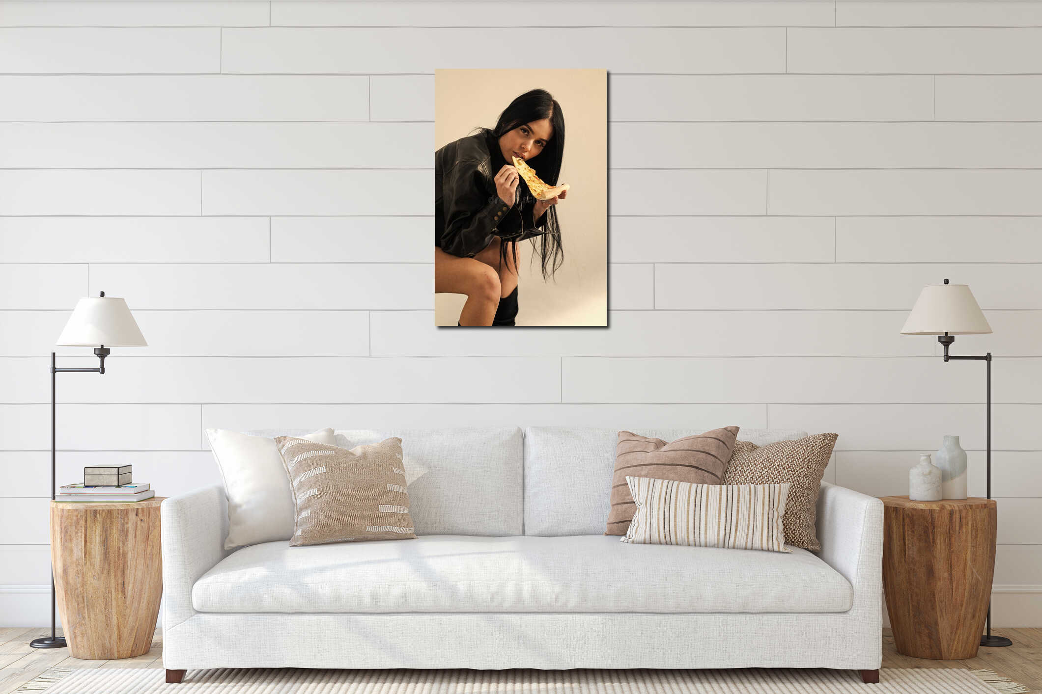 Seductive meal. Fast food. Diet and healthy body. Sexual appetite. Sexy girl eating pizza. Pizza delivery. Restaurant interior mockup