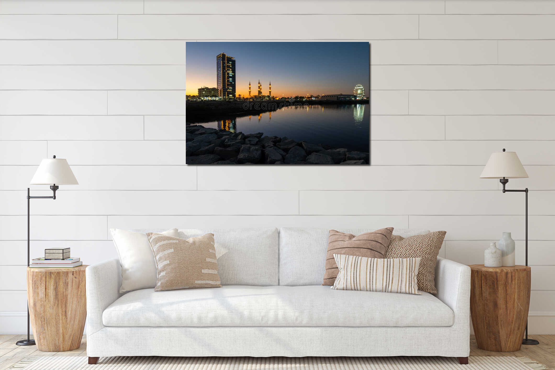 Night in Ras al Khaimah, United Arab Emirates looking at the Sheikh`s Zayed`s Mosque ferris wheel and corniche area. Long exposure interior mockup