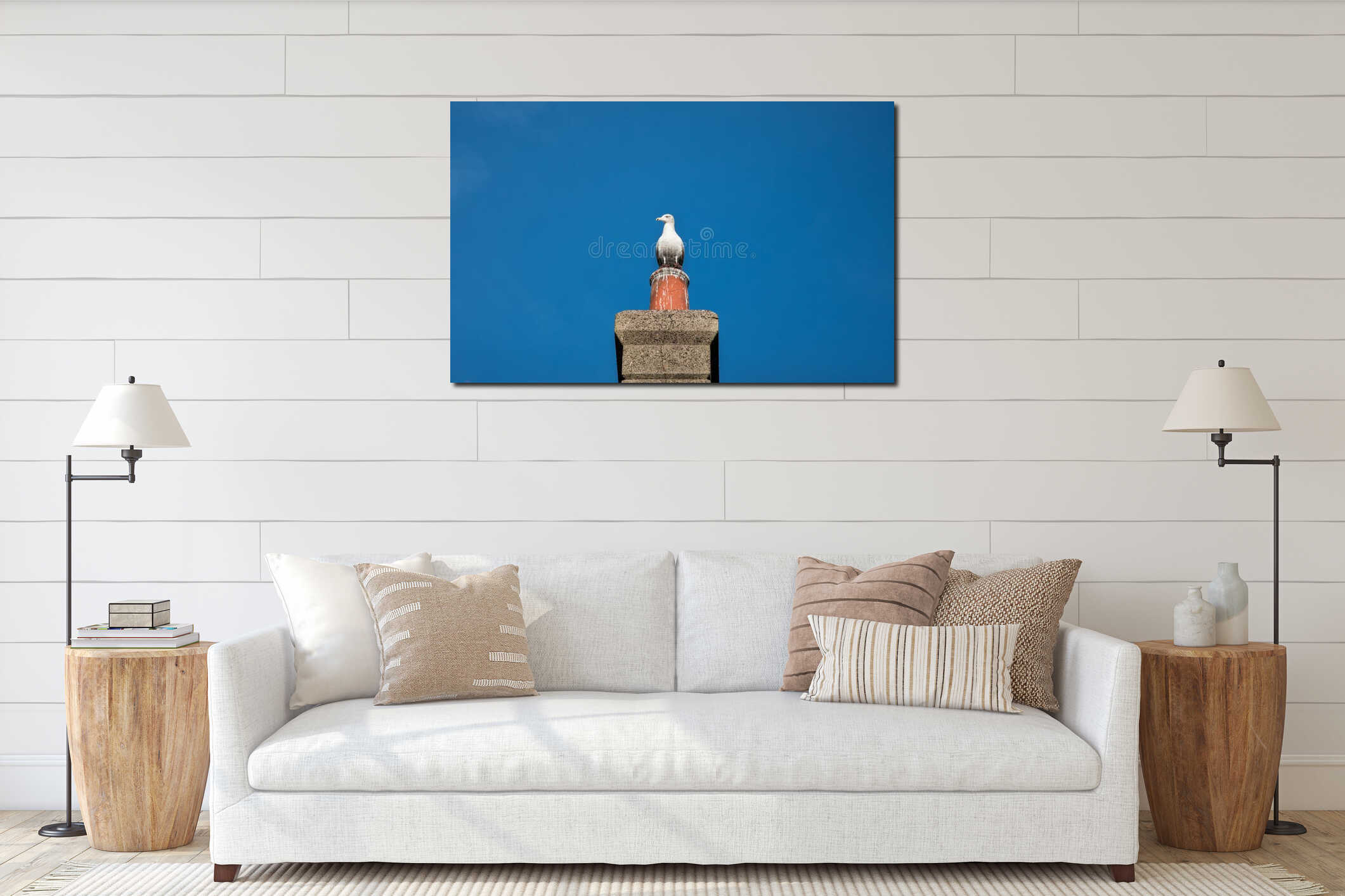 Seagull sitting on a chimney interior mockup