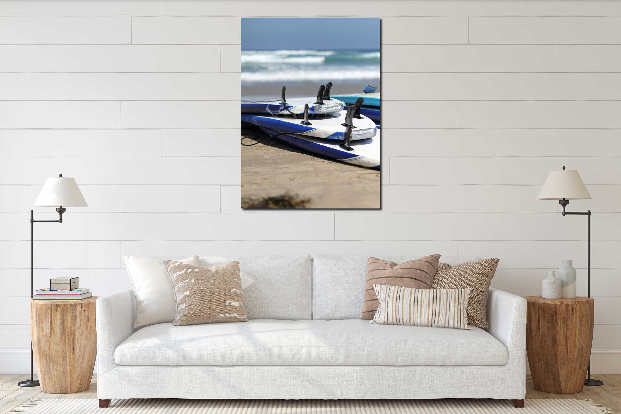 Vertical shot of surfboards on the beach with a blurred background interior mockup