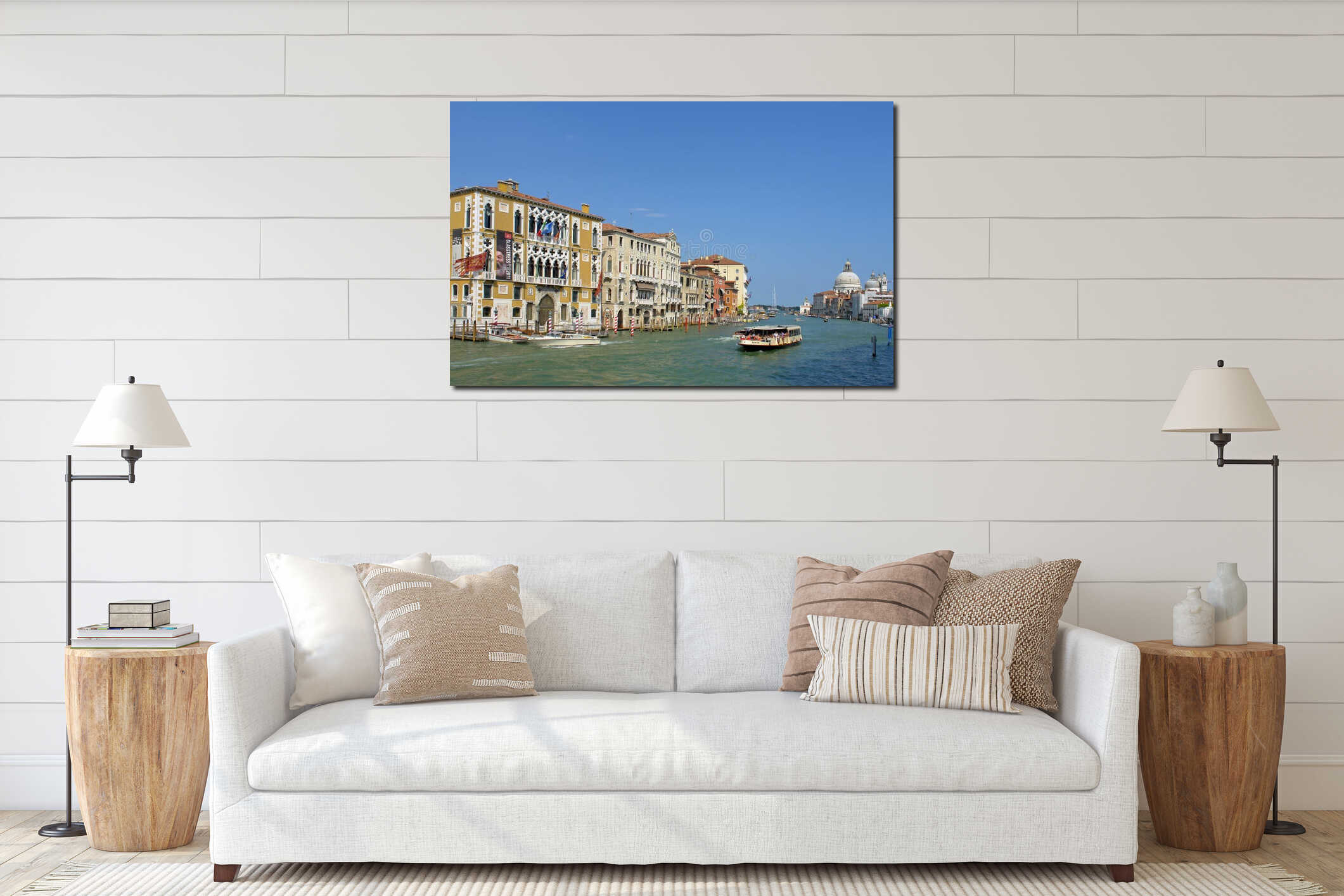 A water bus (vaporetto) sails up the  Grand Canal, Venice, Italy interior mockup