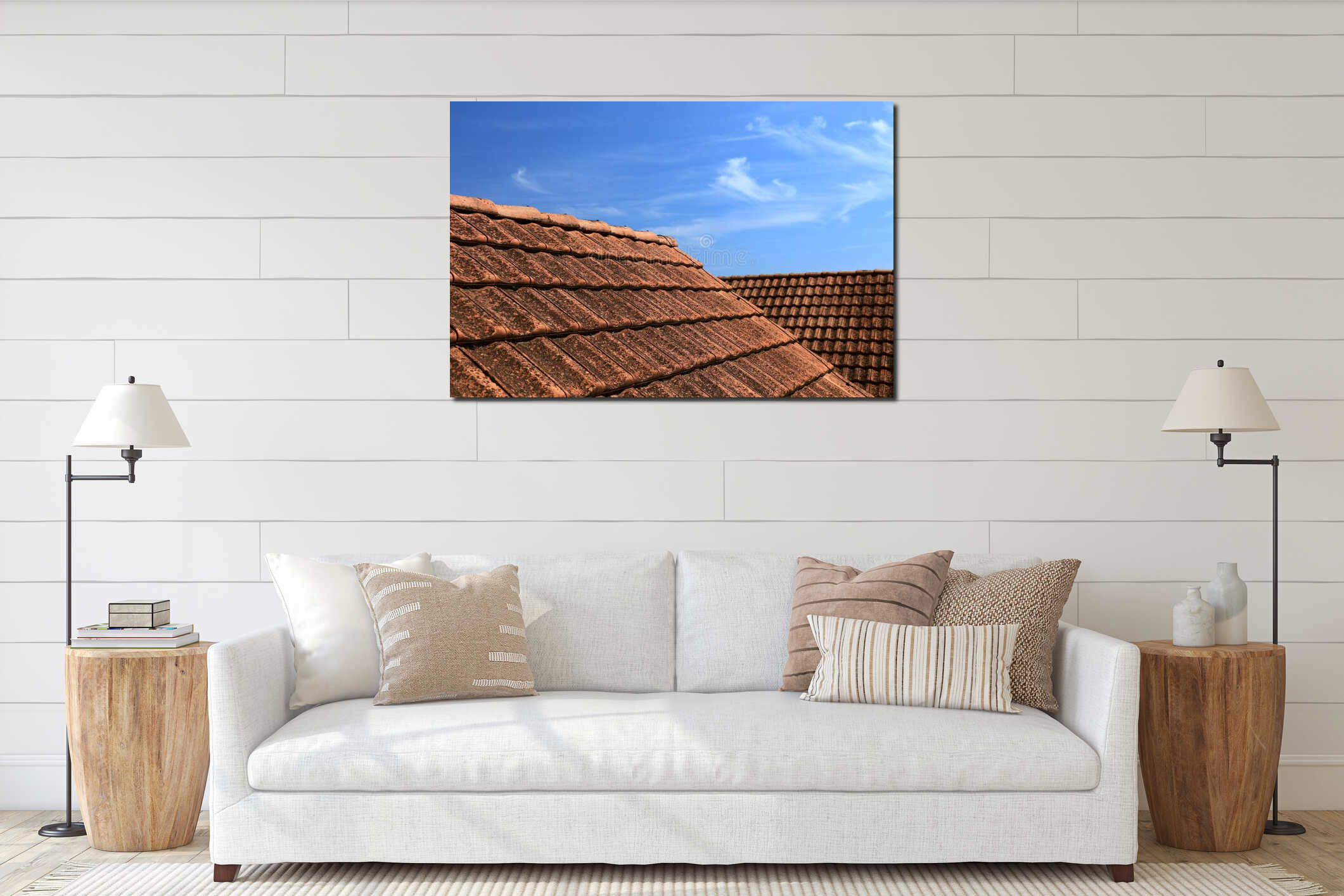 Roof Terracotta Tiles Sky Blue: Close View Of Traditional Mediterranean Red Clay Ceramic Roofing Against Vibrant Summer Cloudscape interior mockup