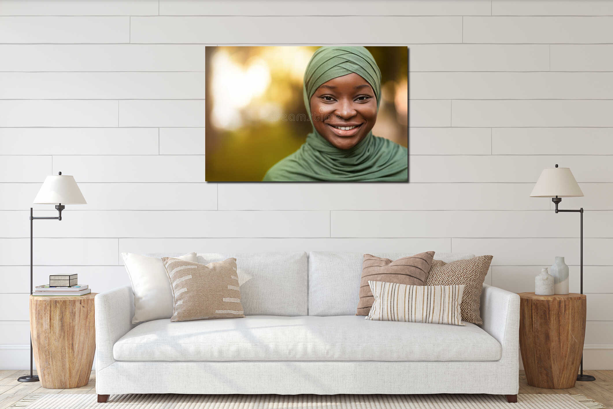 Portrait of cheerful millennial black muslim woman in hijab standing outdoors, closeup interior mockup