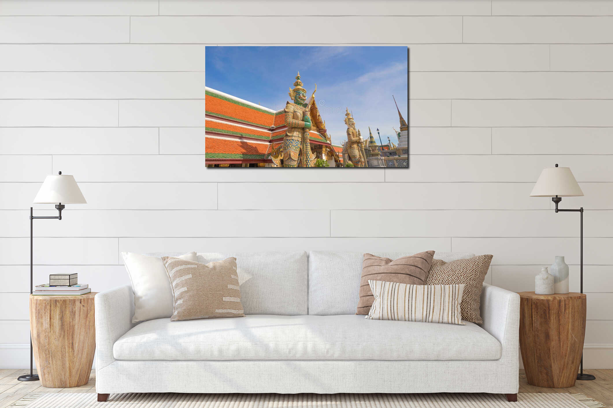 Giant guardian statue of Golden pagoda at Temple of the Emerald Buddha in Bangkok, Thailand. Wat Phra Kaew and Grand palace in old interior mockup