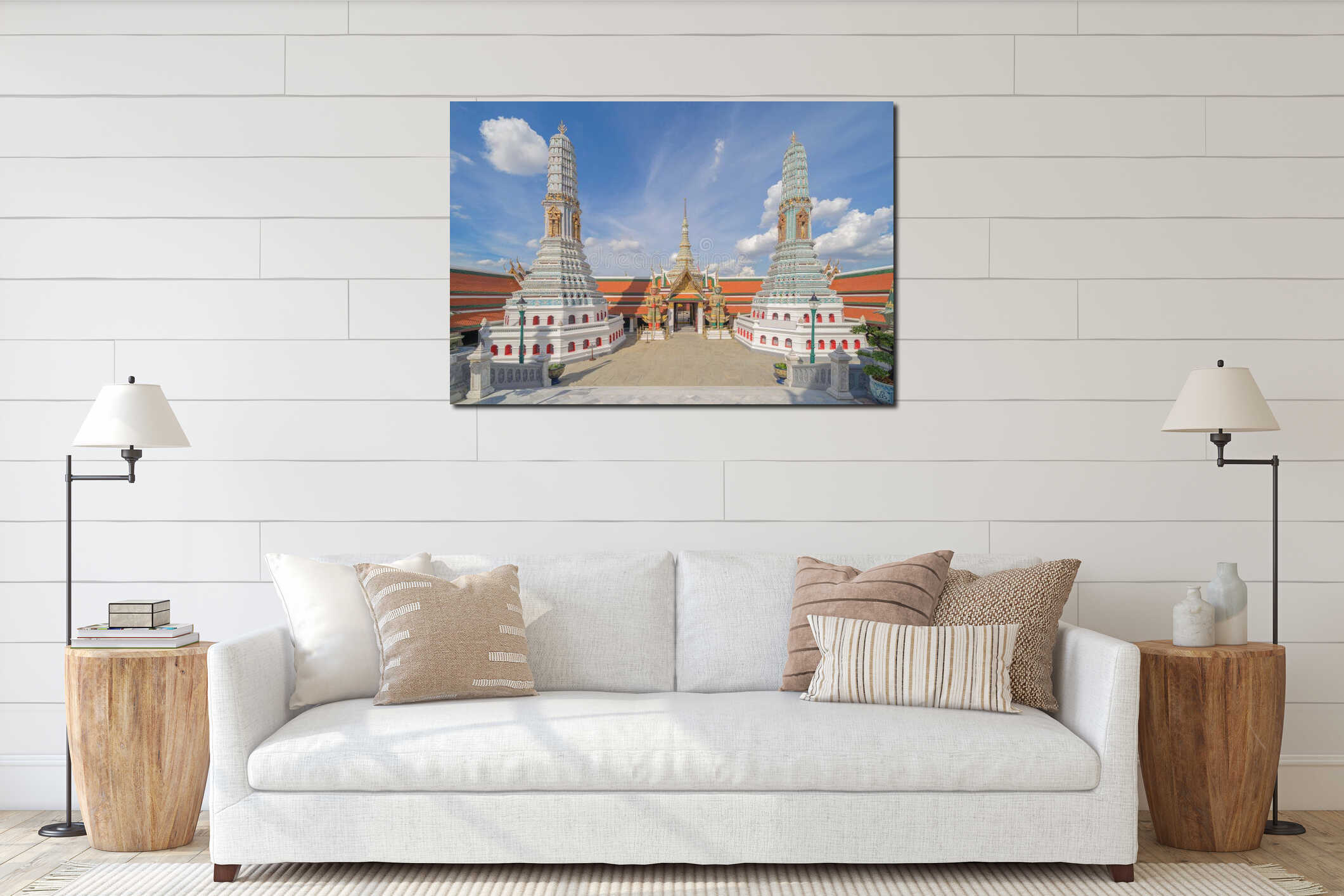 Giant guardian statue of Golden pagoda at Temple of the Emerald Buddha in Bangkok, Thailand. Wat Phra Kaew and Grand palace in old interior mockup