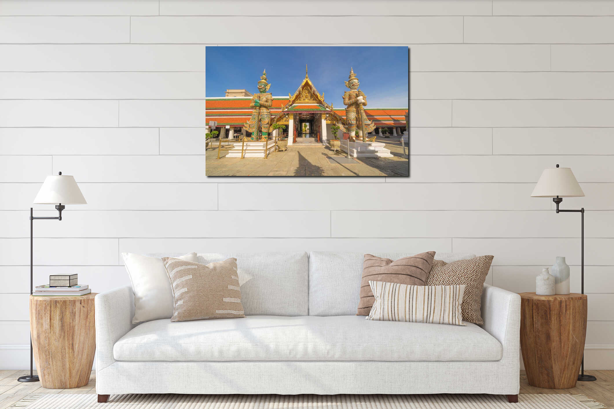 Giant guardian statue of Golden pagoda at Temple of the Emerald Buddha in Bangkok, Thailand. Wat Phra Kaew and Grand palace in old interior mockup