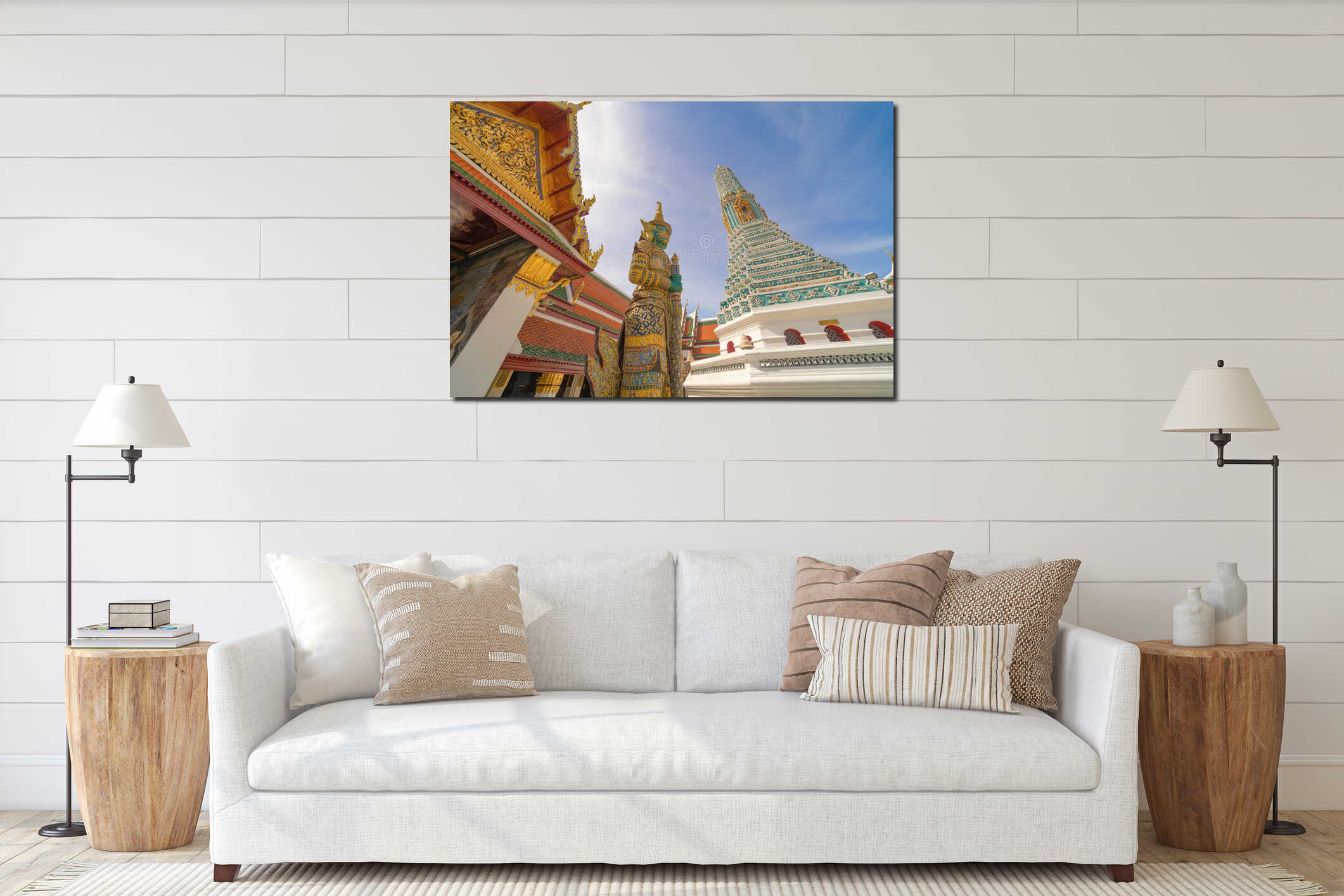 Giant guardian statue of Golden pagoda at Temple of the Emerald Buddha in Bangkok, Thailand. Wat Phra Kaew and Grand palace in old interior mockup