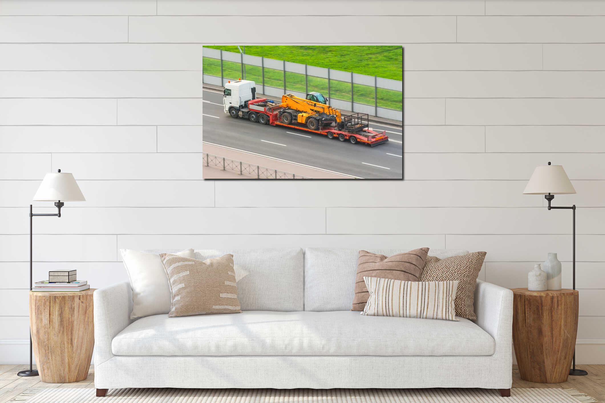 Truck with a trailer platform transports equipment with an elevator car platform, hydraulic and mechanical interior mockup