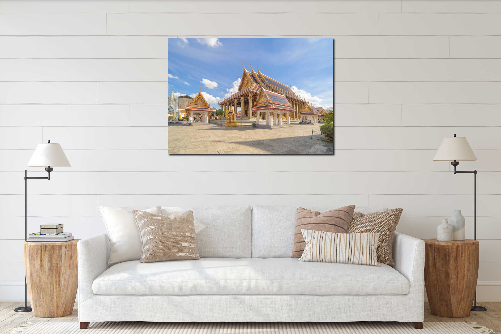 Golden pagoda at Temple of the Emerald Buddha in Bangkok, Thailand. Wat Phra Kaew and Grand palace in old town, urban city. interior mockup