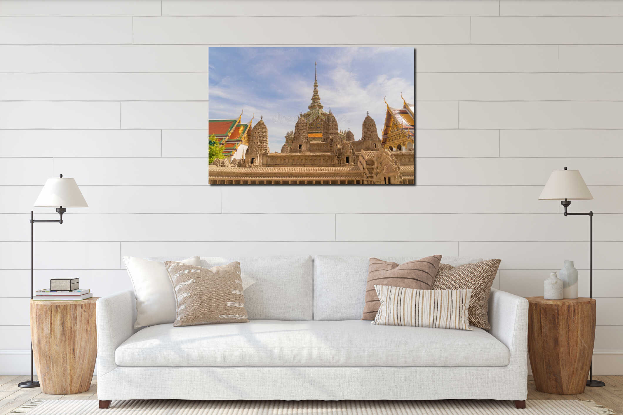 Golden pagoda at Temple of the Emerald Buddha in Bangkok, Thailand. Wat Phra Kaew and Grand palace in old town, urban city. interior mockup