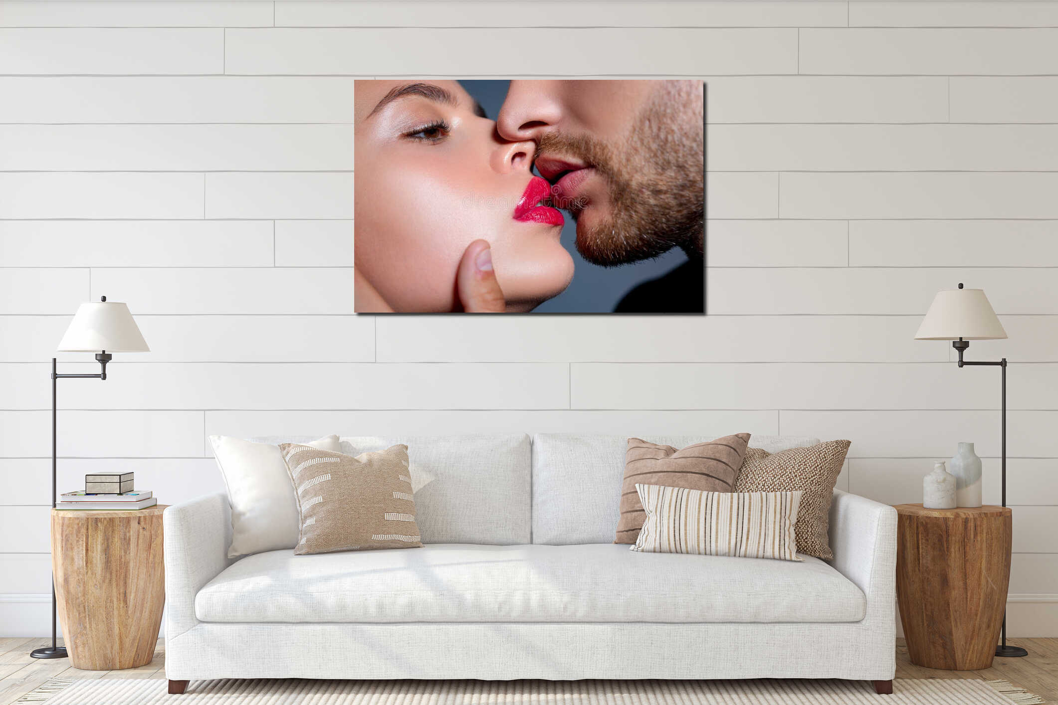Close-up of beautiful passionate couple kissing. Young lovers closing to kiss. Woman smelling mans perfumes. Sexy Aroma interior mockup