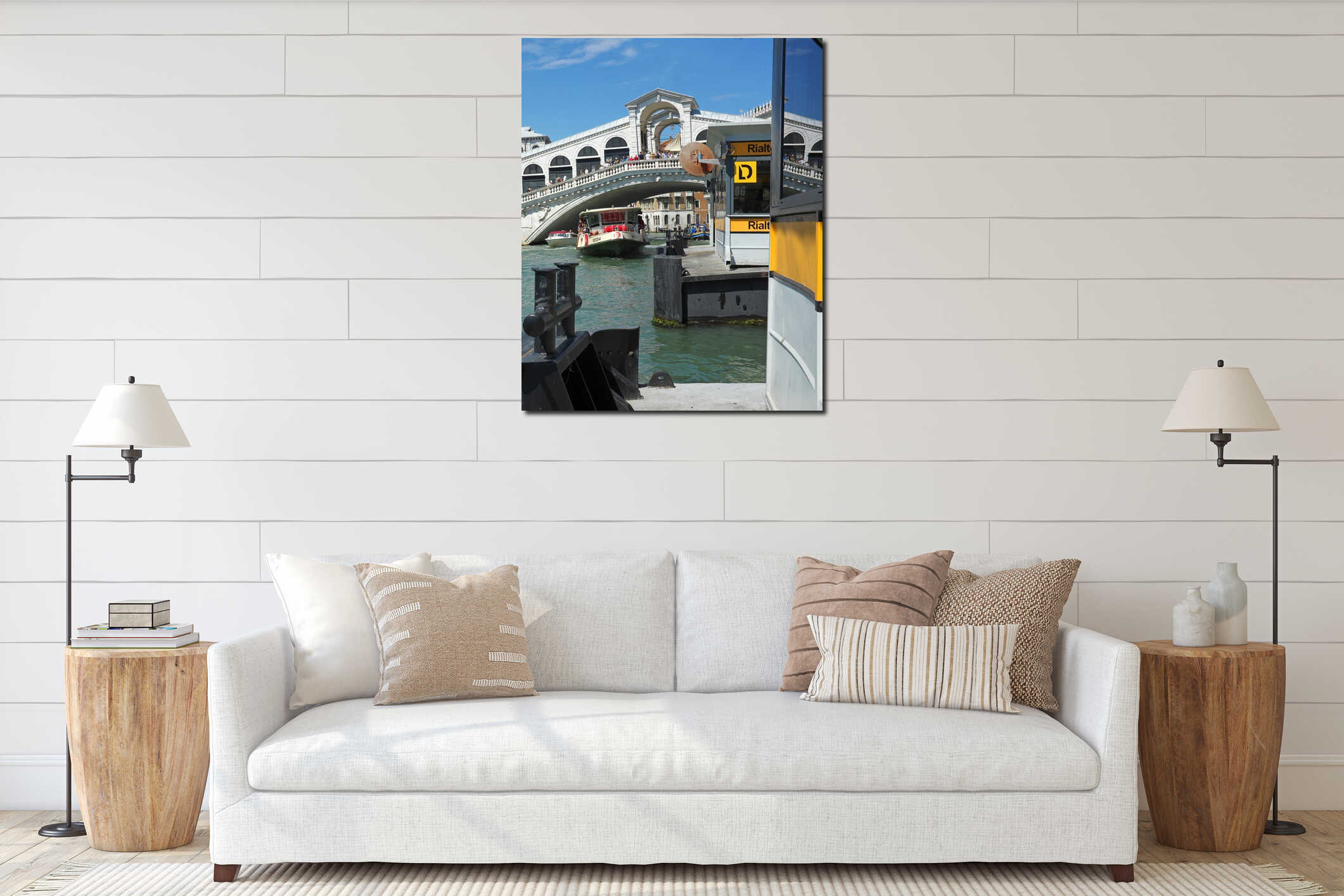 Water bus (vaporetto) in Venice, Italy, arrives at Rialto Bridgestop interior mockup