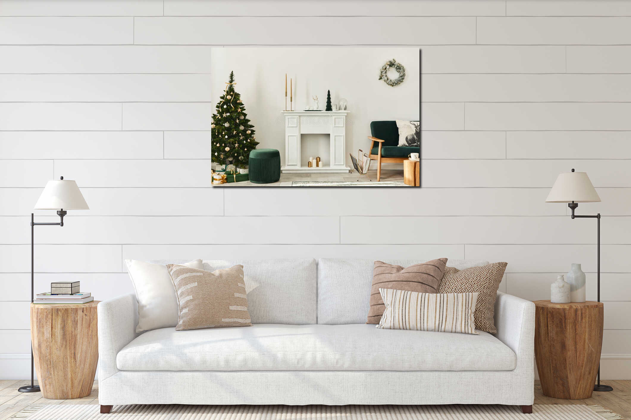 Stylish christmas living room interior with green sofa, white chimney, christmas tree and wreath, gifts and decoration. interior mockup