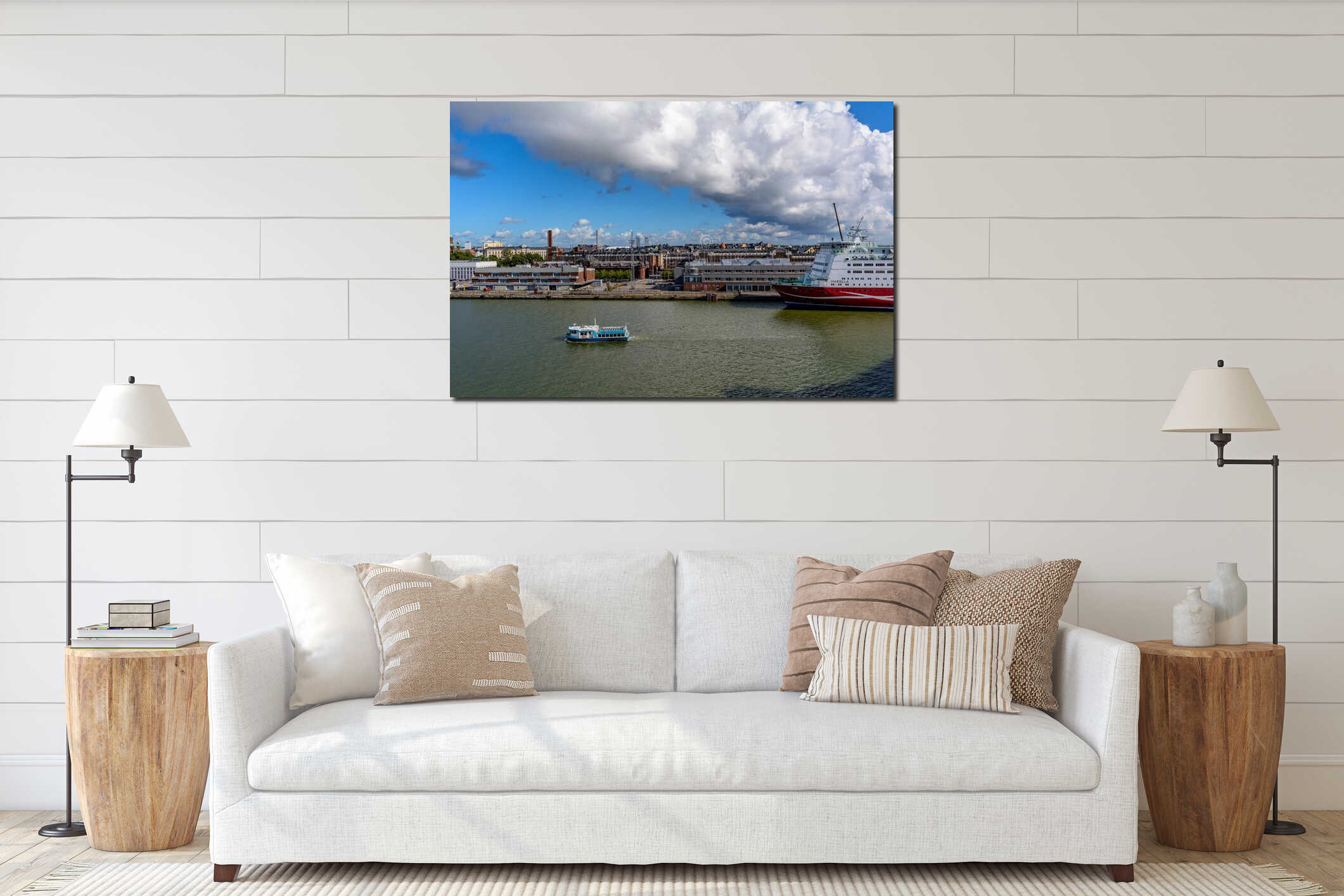 Small JT-Line ferry floating by Helsinki coastline interior mockup