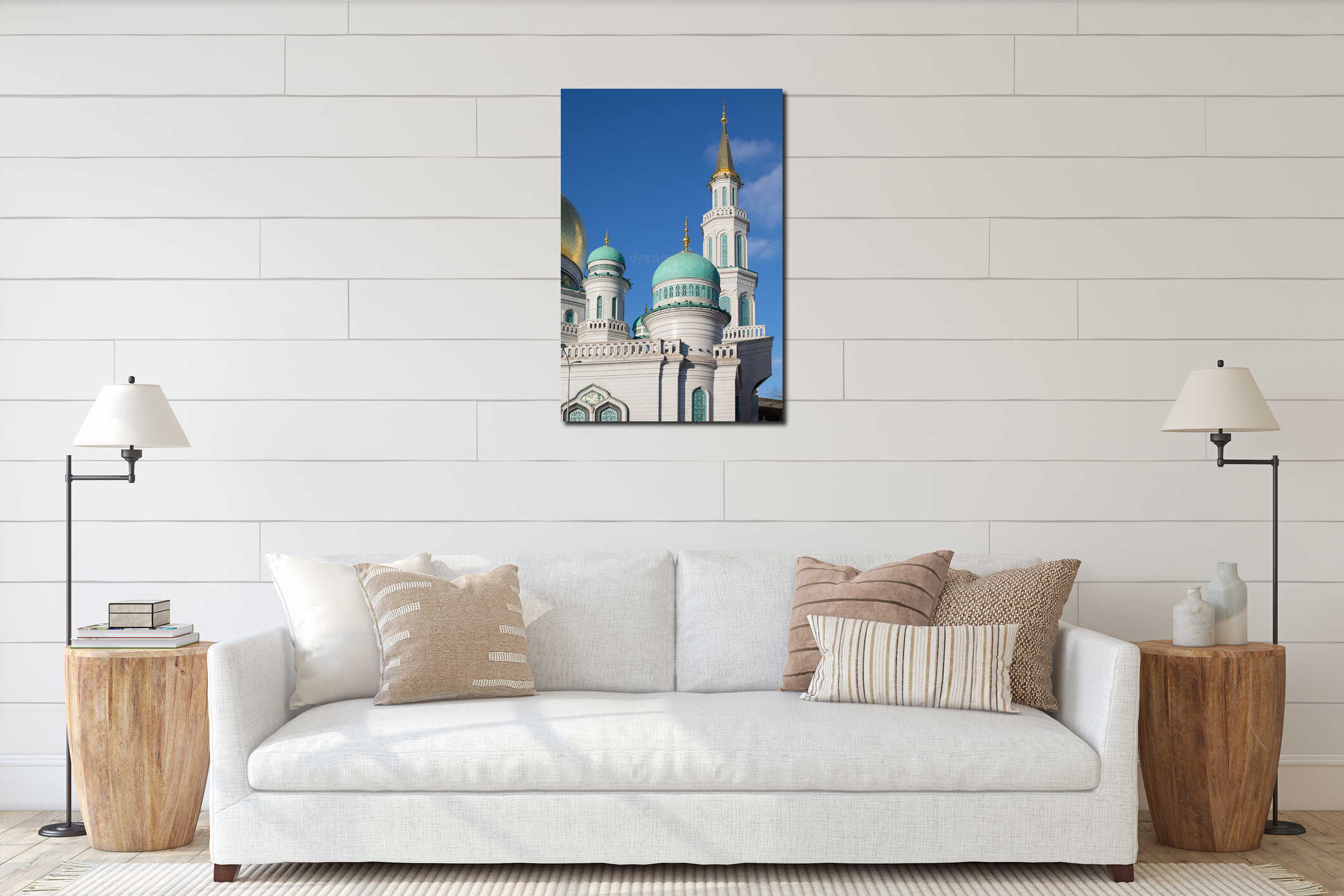 Golden Minaret Moscow Cathedral Mosque and blue domes interior mockup