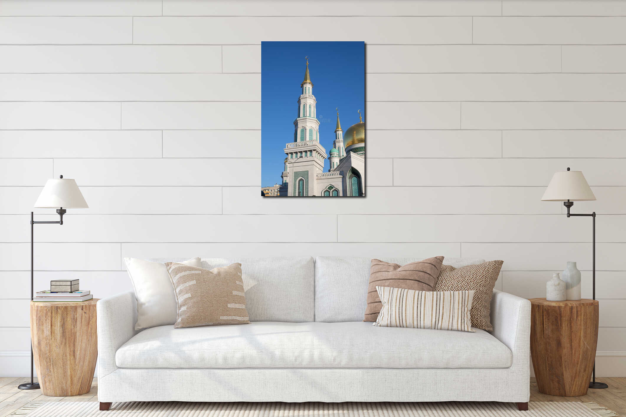 White minaret Moscow Cathedral Mosque, Muslim landmark interior mockup