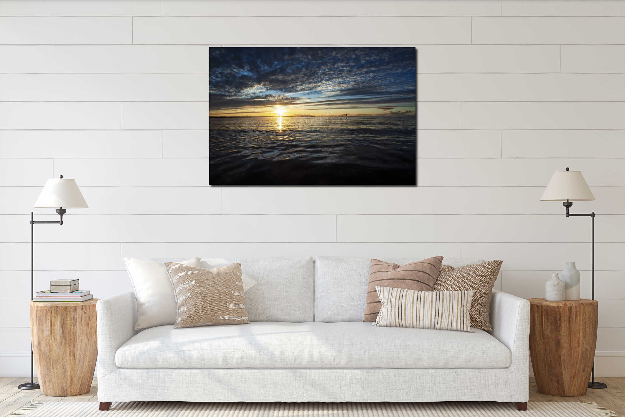 Stunning view of sunset in Baltic sea interior mockup