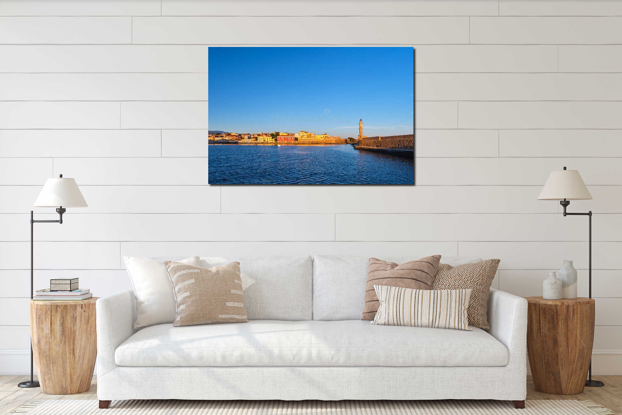 Iconic view of Old Venetian harbour , Chania, Crete, Greece in morning. Famous old port Lighthouse, Maritime museum interior mockup