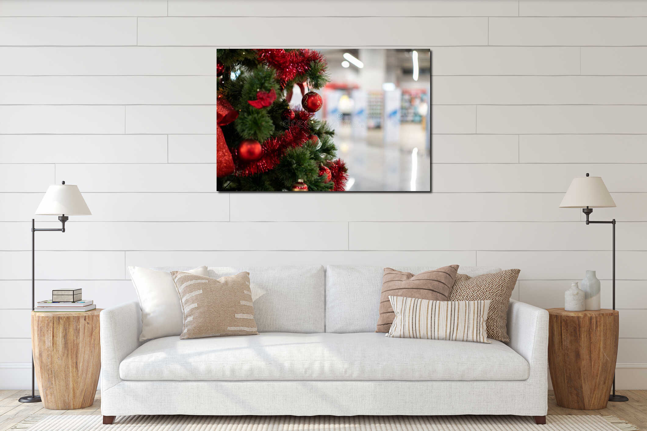 Close Christmas tree in a shopping center against the background of blurry shop windows interior mockup