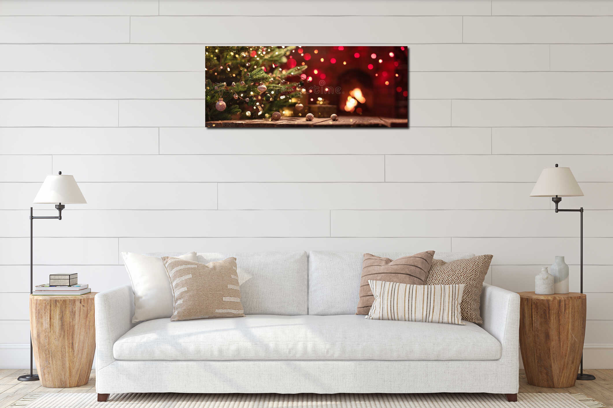 Christmas Tree With Decorations Near A Fireplace interior mockup