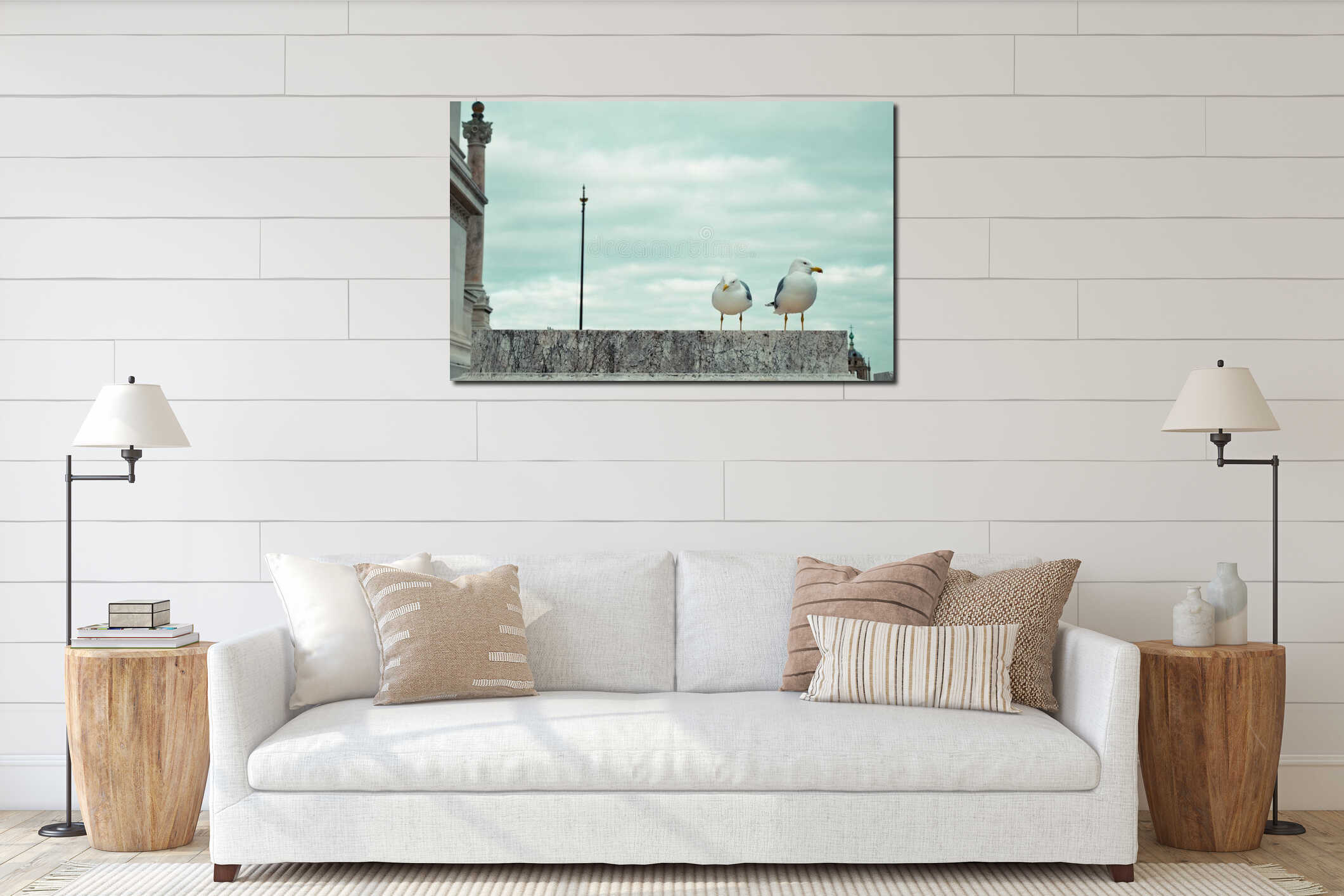 Gull on the outlook above historical center of Rome. Seagull stands over the roofs of Roma interior mockup