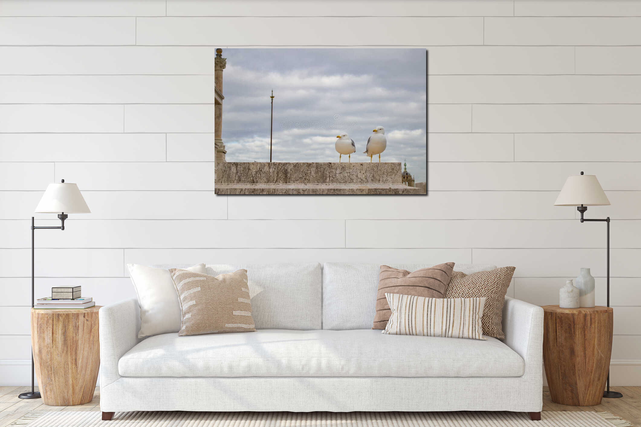 Gull on the outlook above historical center of Rome. Seagull stands over the roofs of Roma interior mockup