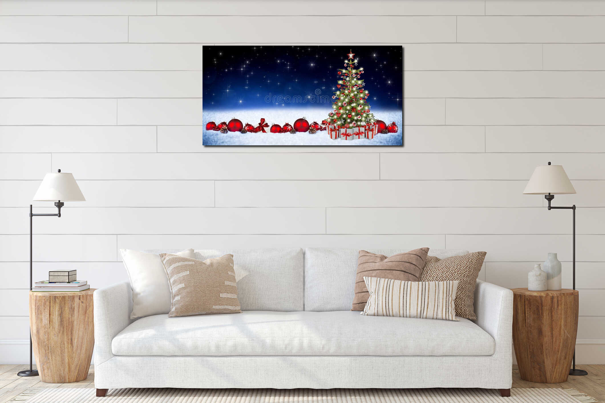 Red silver christmas decoration ornament bauble gift boxes with ribbon and decorated xmas tree with bright lights front of blue interior mockup