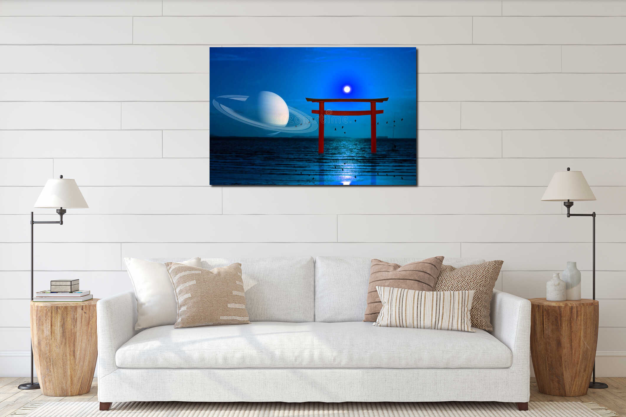 reflection full moon over torii on night sky and silhouette birds flying on sea interior mockup