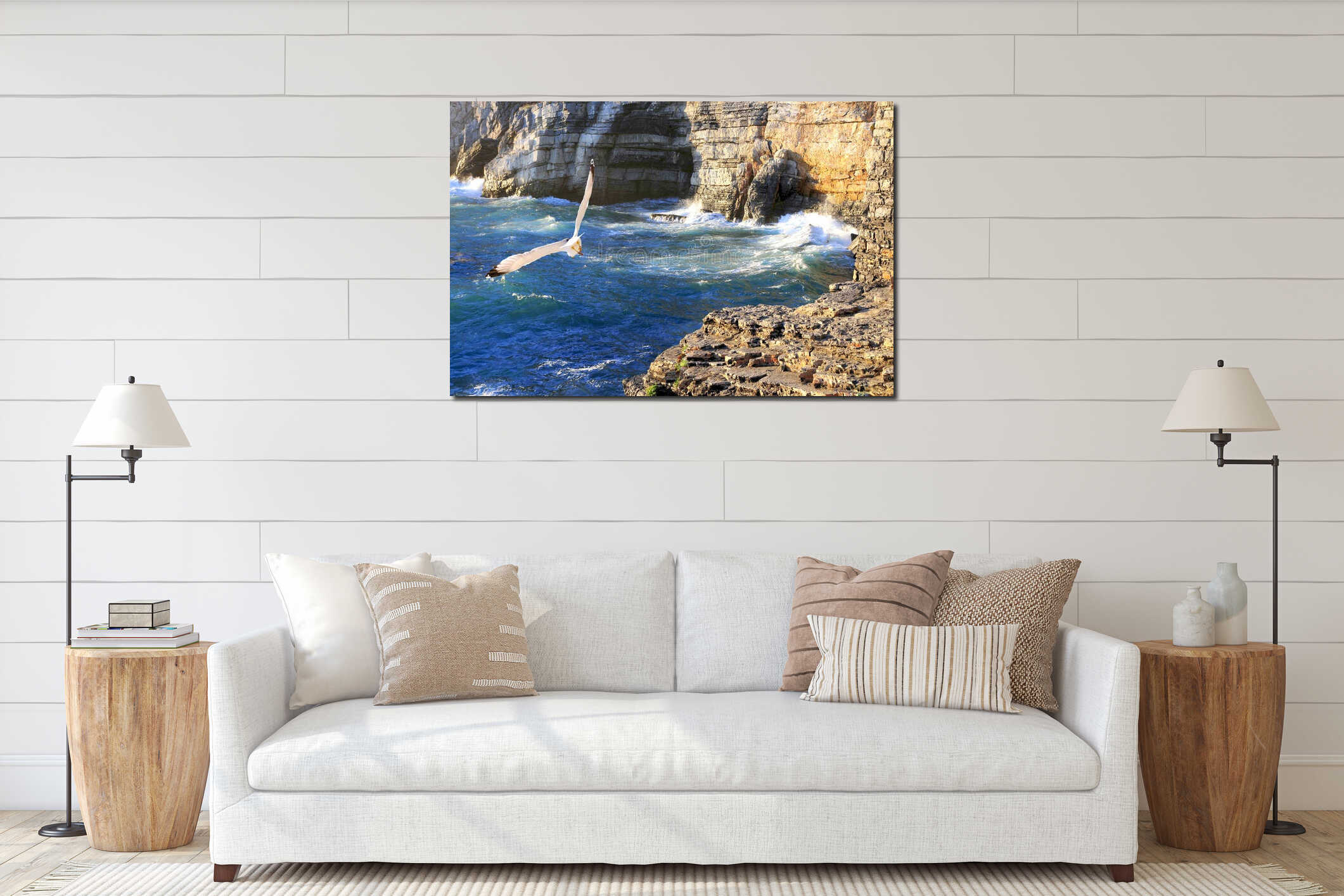 Seagull gliding over the sea interior mockup