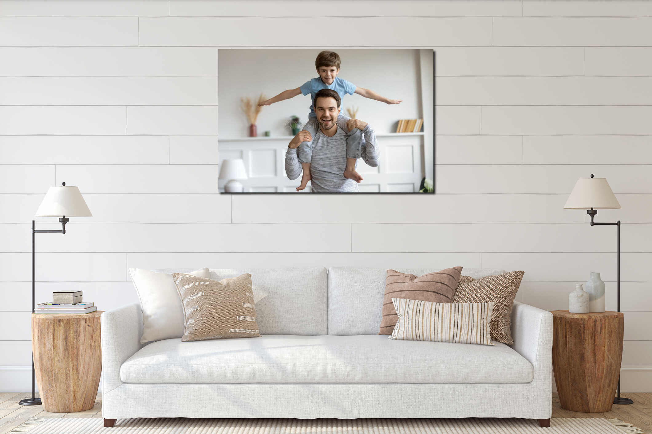 Funny portrait little boy pretending flying sitting on fathers shoulders interior mockup