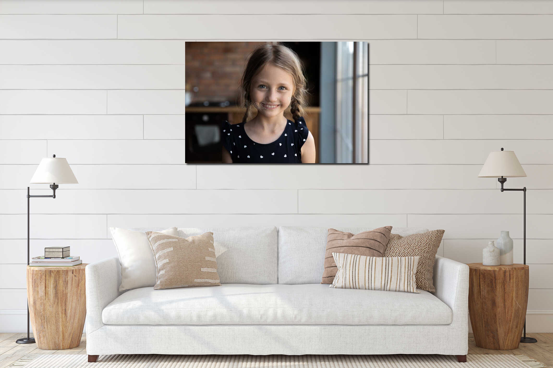 Headshot portrait of happy joyful little girl with funny pigtails interior mockup