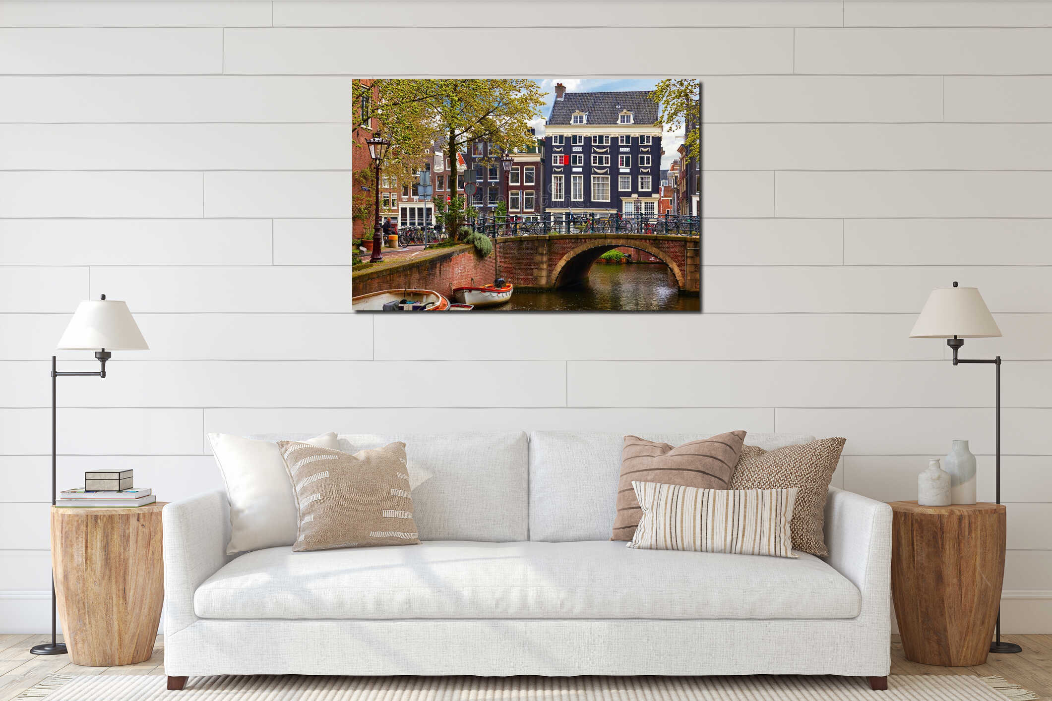 Bridge over channel in Amsterdam Netherlands houses river Amstel interior mockup