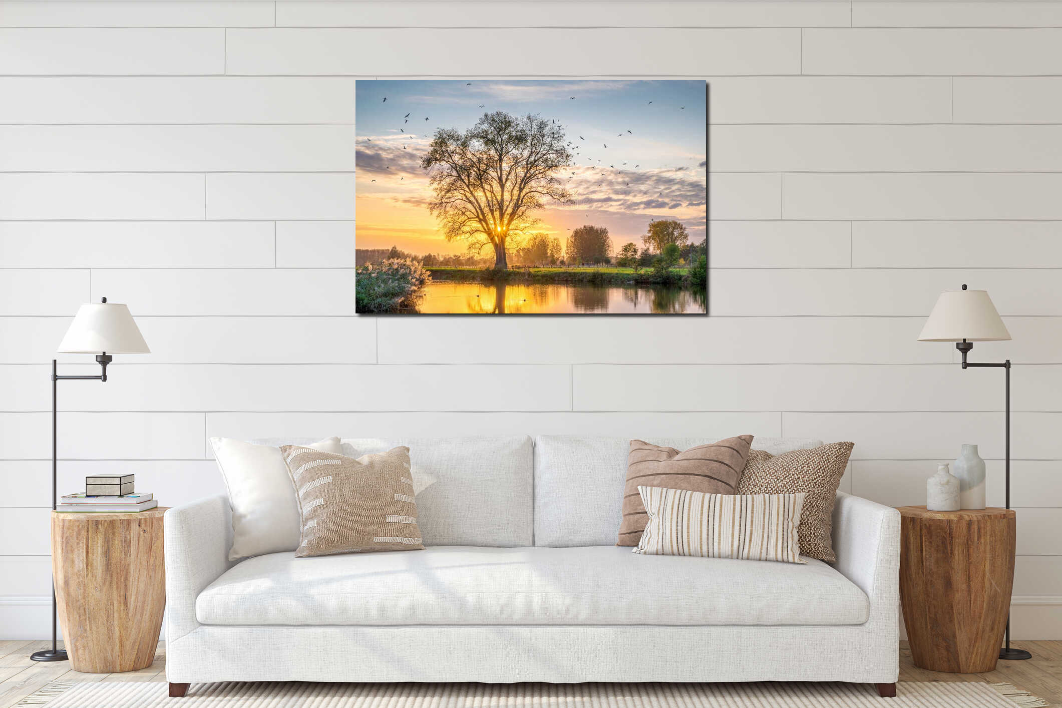 Flying cormorants around a Canadian poplar on a beautiful golden hour sunset interior mockup