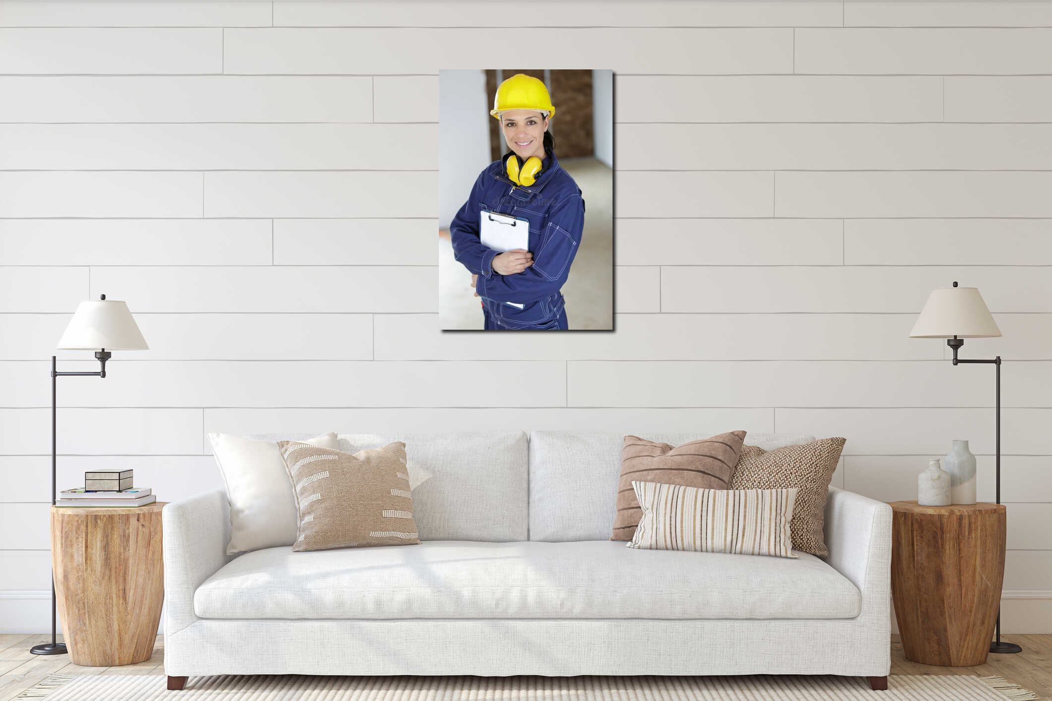 Portrait young technician looking at camera with wide smile interior mockup