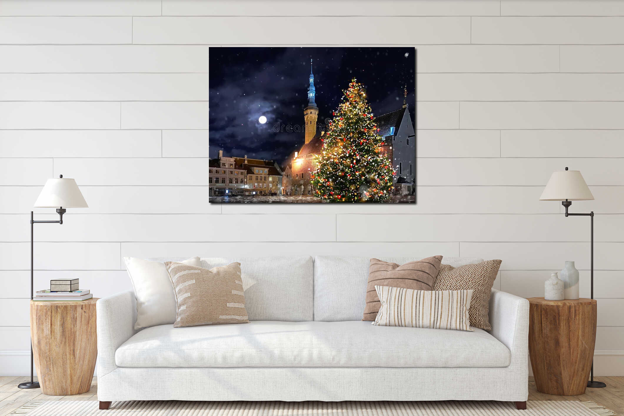 Christmas tree illuminated decoration  on hall town square in winter  Tallinn old town medieval city ,moon on night blue sky snow interior mockup