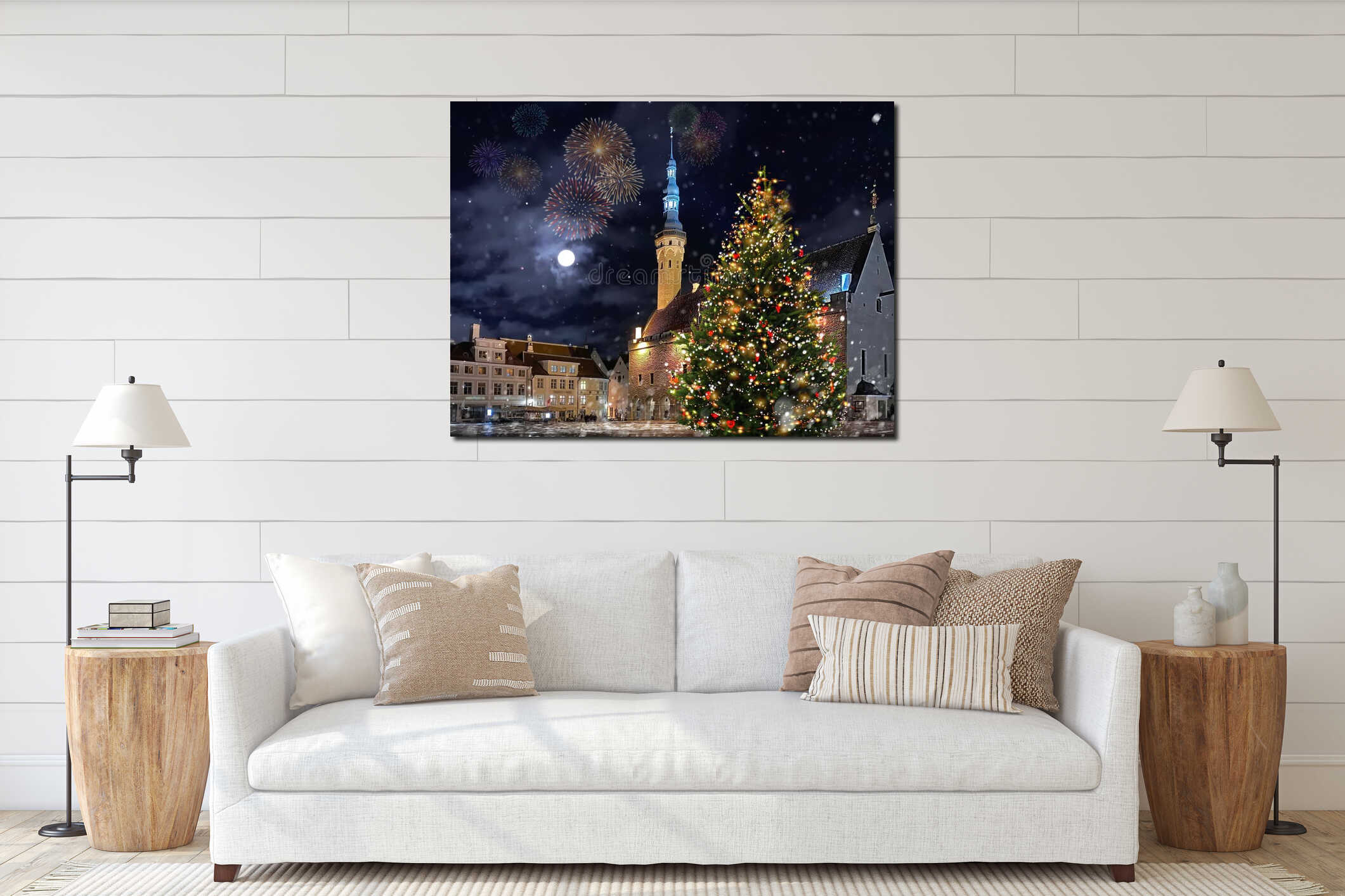 Christmas tree illuminated decoration  on hall town square in winter  Tallinn old town medieval city ,moon on night blue sky snow interior mockup