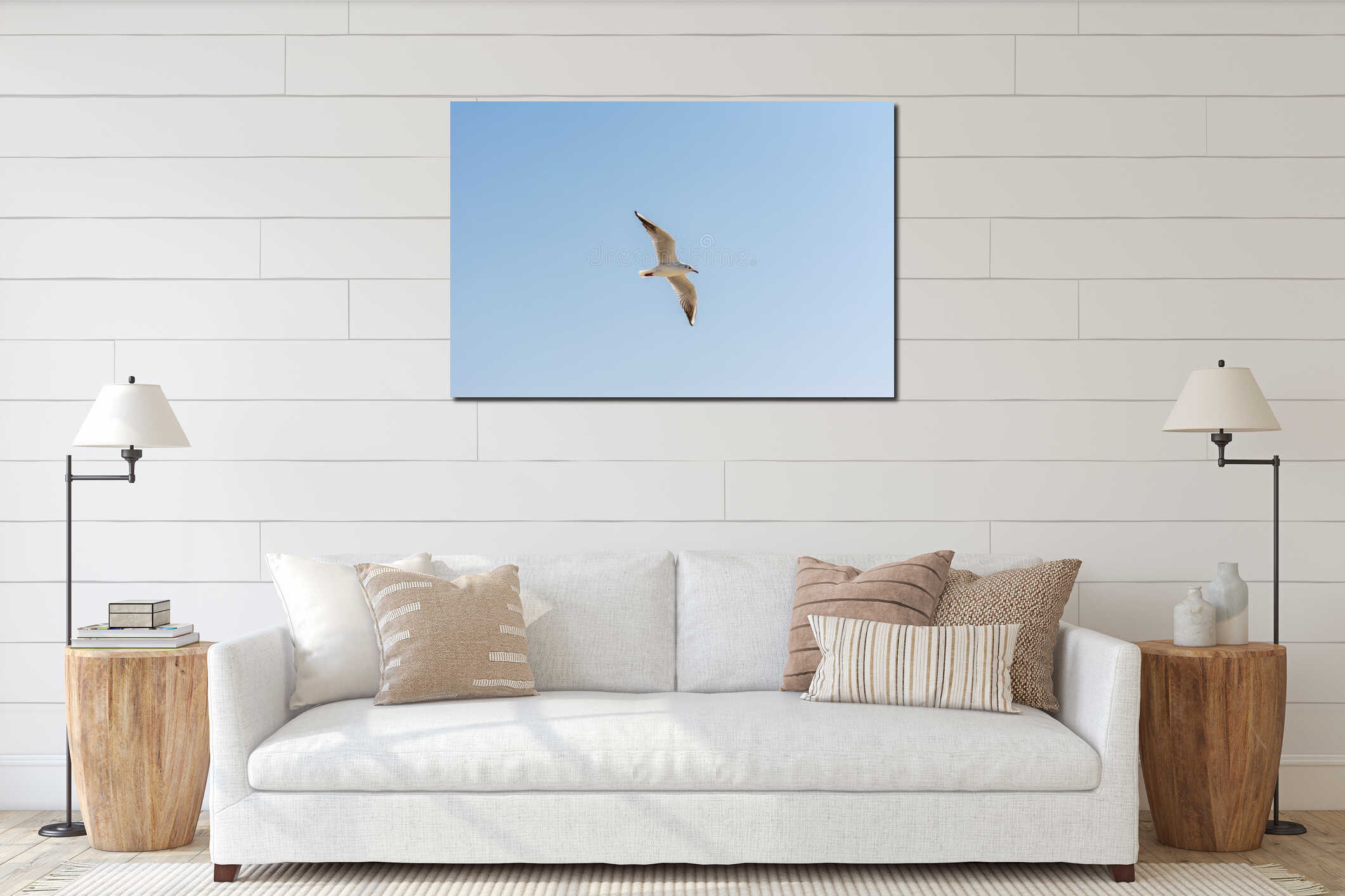 A common white seagull Larus canus flying against blue sky over the Jumeirah beach in the city of Dubai, United Arab Emirates interior mockup