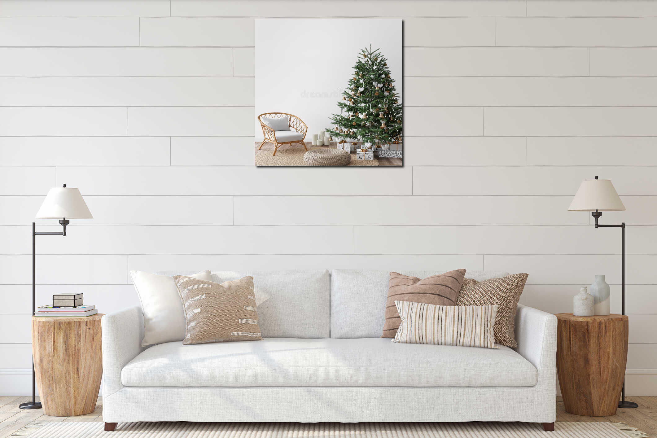 Living Room Christmas interior in Scandinavian style. Christmas tree with gift boxes interior mockup