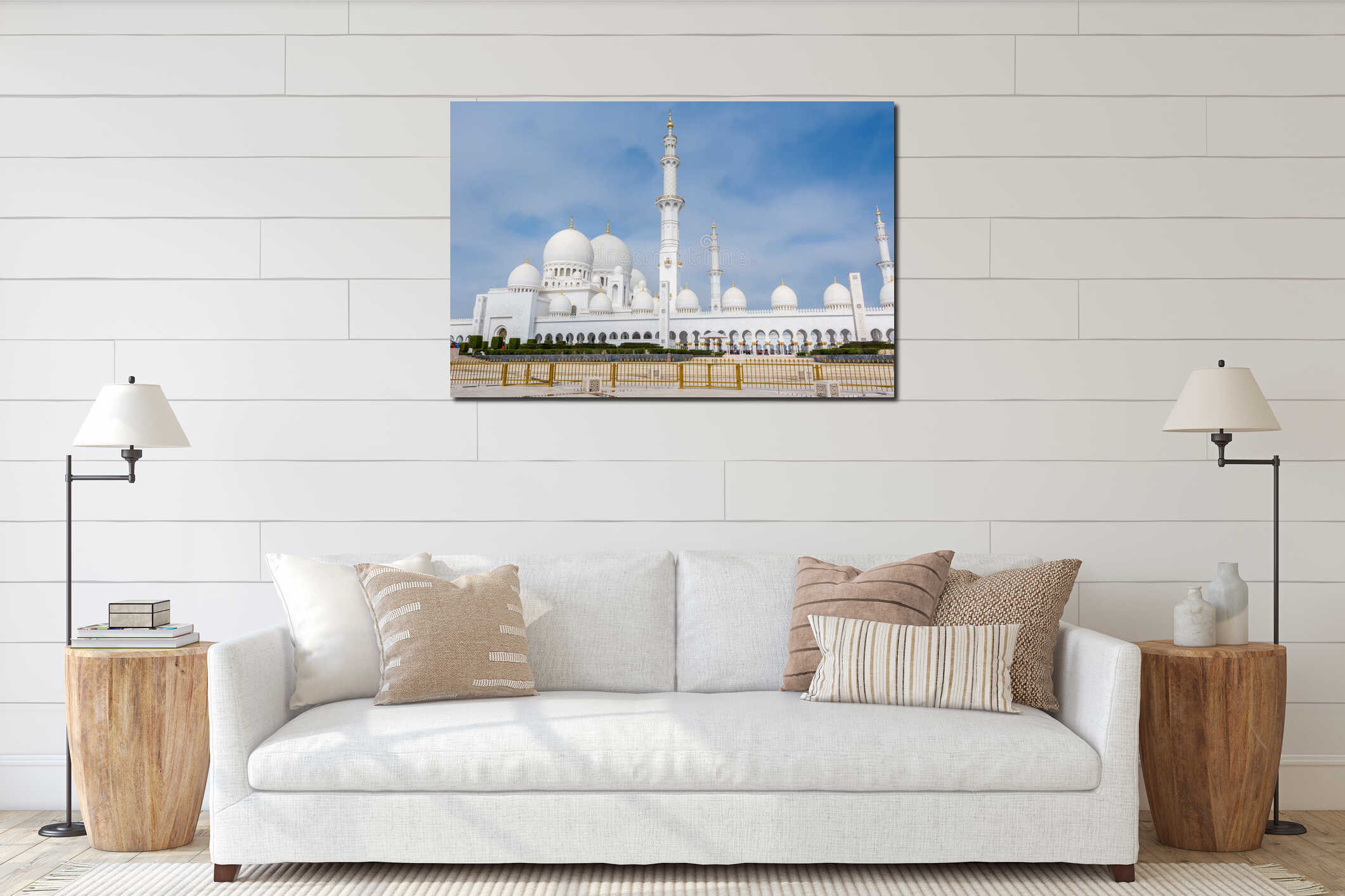 Panorama of White Grand Mosque with fence against blue sky, also called Sheikh Zayed Grand Mosque, inspired by Persian, Mughal and interior mockup