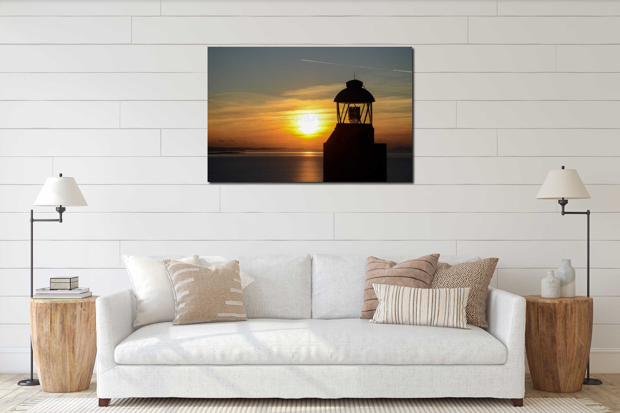 Lighthouse at seaside during sunset. Silhouette of a lighthouse at dawn. Lighthouse near sea against golden sky. Harbor interior mockup