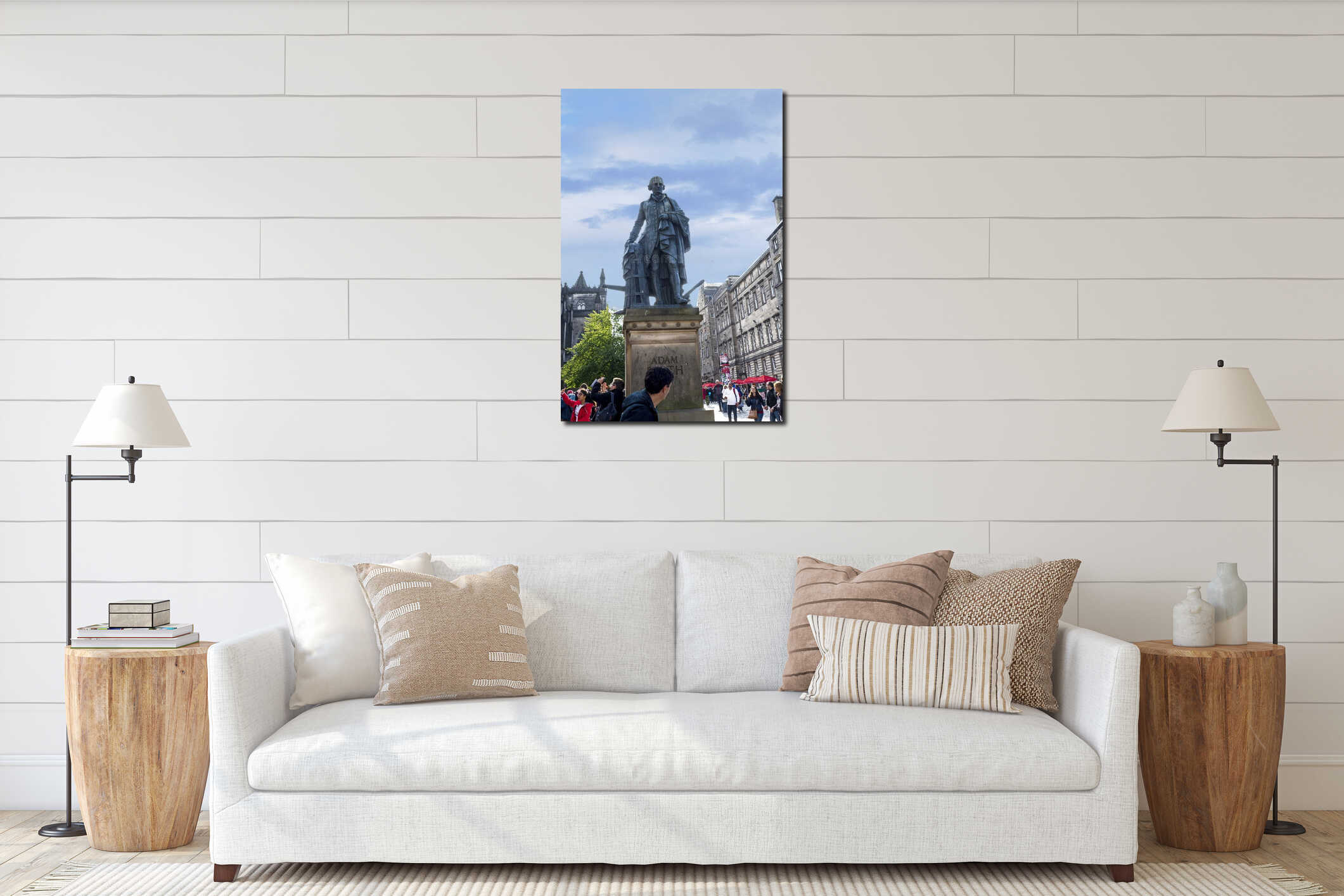Adam smith Statue, with St. Giles Cathedral in background, in Edinburgh interior mockup