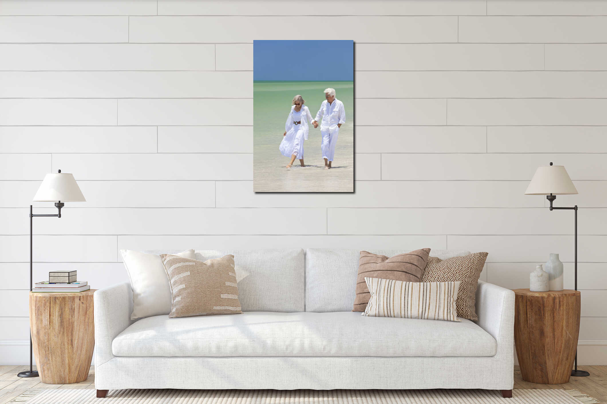 Happy Senior Couple Walking Holding Hands on Beach interior mockup